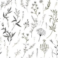 A seamless pattern of delicate kitchen herbs in a minimal style