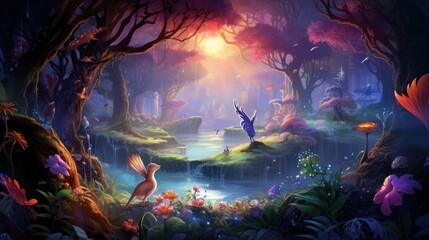Mythical Forest Fantasy Luminous Creatures & Enchanted Flora - obrazy, fototapety, plakaty