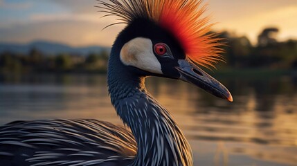 photo of a crowned crane, with a lake and twilight in the background. generative ai