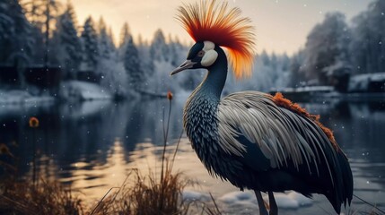 photo of a crowned crane, with a lake and twilight in the background. generative ai - Powered by Adobe