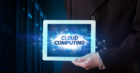 Person holding tablet, technology concept