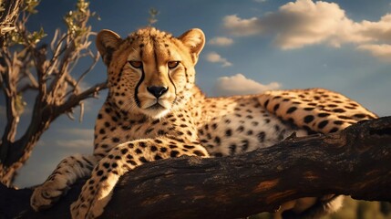 close-up photo of an adult cheetah relaxing on a branch. generative ai