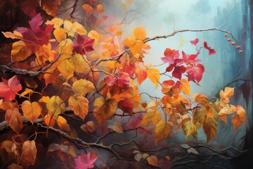 Autumn leaves on the background of the autumn landscape. Autumn background. Ai Generated.