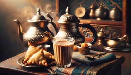 Indian cutting chai and samosa  - obrazy, fototapety, plakaty