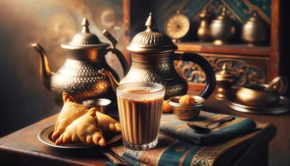 Fotobehang Indian cutting chai and samosa  © chand