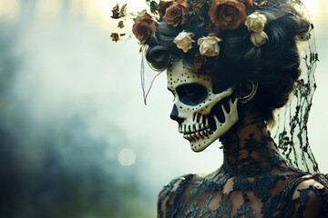 Skeletal woman with wreath of flowers - obrazy, fototapety, plakaty