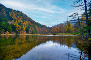 Fototapeta premium Idyllic landscape of Myojin pond at Hotaka Rear shrine in Kamikochi, Nagano, Japan (Japanese language meaning 
