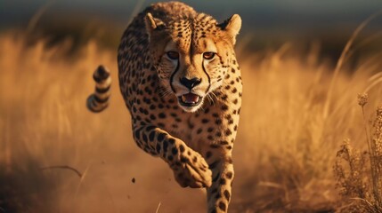Adult cheetah running across the savanna on a blurred background. generative ai