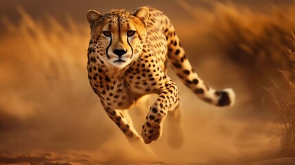 Adult cheetah running across the savanna on a blurred background. generative ai