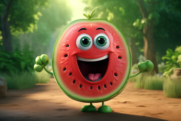 A cheerful animated watermelon with a smile on its face is walking around the garden.