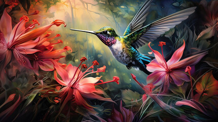 Hummingbird darting through a lively rainforest, with lush foliage and vibrant flora AI generative