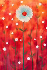 Prettiest daisy flower in the blooming floral meadow with elegant leafy long stem - vivid radiant red with ravishing sunset orange background colors - painterly art.
