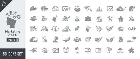 Marketing & SEO Icon Set. Search Engine Optimization, Advertising, Website, Business, Marketing, Traffic, Ranking, Optimization, Keyword & Many More. Gray Vector Icons Collection