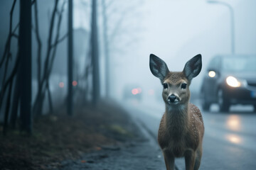 A roe deer stands on the road near the forest in the fog, cars are driving along the road.