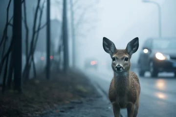 Gordijnen A roe deer stands on the road near the forest in the fog, cars are driving along the road. © Dzmitry