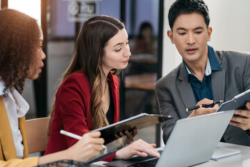 Business meeting time.  account managers crew working with new startup project. Idea presentation, analyze plans.