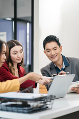 Business meeting time.  account managers crew working with new startup project. Idea presentation, analyze plans.