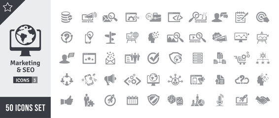 Marketing & SEO Icon Set. Search Engine Optimization, Advertising, Website, Business, Marketing, Traffic, Ranking, Optimization, Keyword & Many More. Gray Vector Icons Collection
