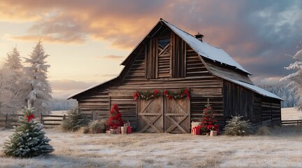 Outdoor barn decorated for christmas digital backdrop