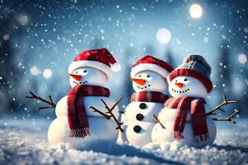 Naklejka na ściany i meble Christmas banner with snowman. New year greeting . Two snowman holding hands outdoors