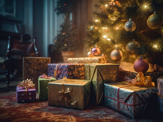 Naklejka na ściany i meble Christmas gift boxes under a decorated Christmas tree. 