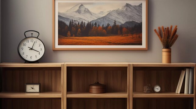 photo of corner wooden bookshelf with alarm clock and two framed landscape paintings in showroom. generative ai