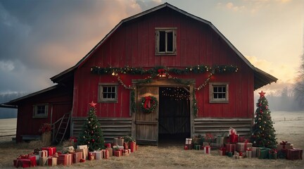 Outdoor barn decorated for christmas digital backdrop - obrazy, fototapety, plakaty