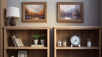 photo of corner wooden bookshelf with alarm clock and two framed landscape paintings in showroom. generative ai