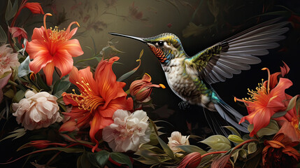 Epicurean hummingbird delighting in an exotic, overflowing abundance of nectar-rich flowers AI generative 

