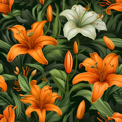 seamless pattern of realistic lilies and hummingbir