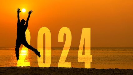 Silhouette happy people jumping congratulation and celebrate in Happy New year 2024 for change new...
