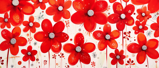 Pretty abstract meadow with a plethora of colorful poppy flowers in bloom, delightful and dazzling vivid red and bright orange.