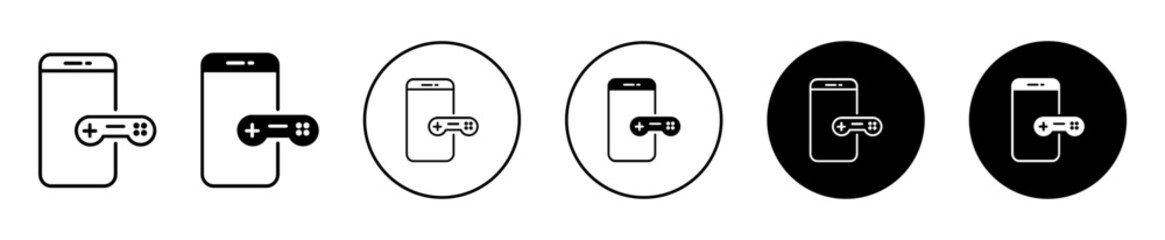 Mobile Game icon set. Phone gaming vector symbol in black filled and outlined style.