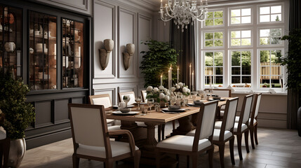 Fototapeta na wymiar Traditional style elegant dining room in 3D rendered photograph