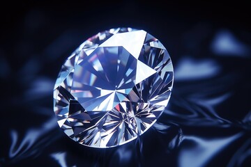 A detailed close-up view of a sparkling diamond placed on a sleek black surface. 