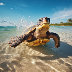 Obraz premium funny turtle hurries to the beach to relax