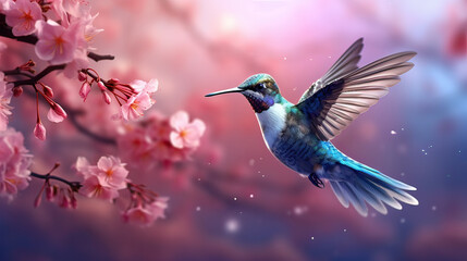 Delicate hummingbird energetically frozen against a background of soft, blurred blossoms