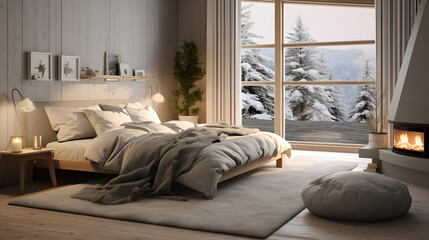 Cozy Scandinavian style bedroom in photorealistic 3D render