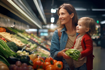 A happy young woman with a little daughter is buying fresh vegetables and fruits in the supermarket.