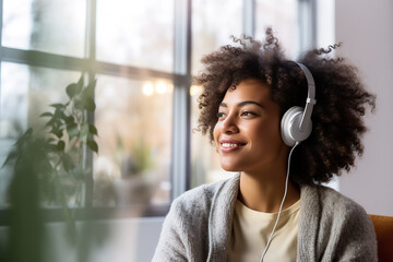 Joyful woman listening music with a headphones at the window, relaxing at home. - obrazy, fototapety, plakaty