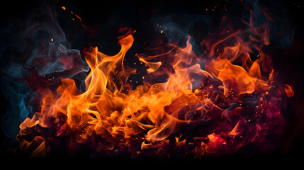 Vibrant dancing bonfire flames on dark black backdrop