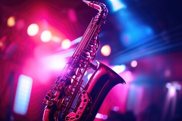 A detailed close-up shot of a saxophone on a stage. This image can be used to showcase the musical instrument or to add a touch of jazz and elegance to various creative projects