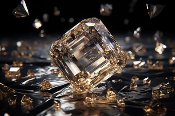 A crystal cube surrounded by small pieces of gold. 