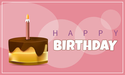 Happy birthday template. It's a girl. Birthday greeting card with 3D cute cake and candle on pink background for birthday anniversary party event, Banner, flyer, advertising. Vector illustration