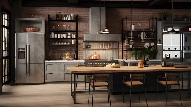 Industrial style kitchen with metallic accents in 3D render