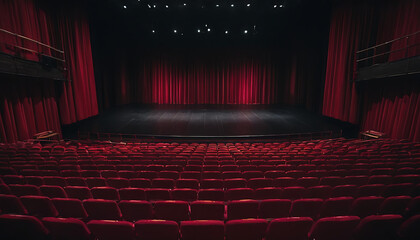 A large, empty theater hall with rows of chairs facing a stage with red curtains