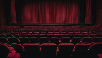 A large, empty theater hall with rows of chairs facing a stage with red curtains