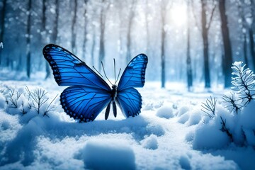 a blue butterfly sitting on top of a snow covered ground next to a forest filled with snow covered...