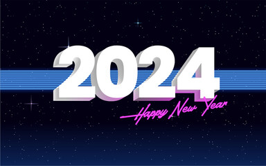 Happy New Year 2024 Text Flyer Banner Background Design Retro Neon Gradient Vector Illustration