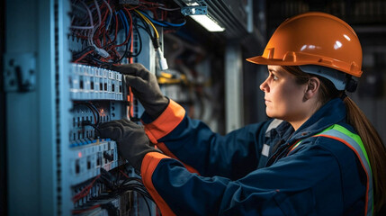 Fototapeta premium copy space, stockphoto, Candid shot of a female commercial electrician at work on a fuse box, adorned in safety gear, demonstrating professionalism. Female engineer working on an electicity installati